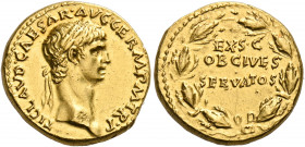 Claudius, 41-54. Aureus (Gold, 18 mm, 7.90 g, 9 h), Rome, 41-42. TI CLAVD CAESAR AVG GERM P M TR P Laureate head of Claudius to right. Rev. EX S C / O...