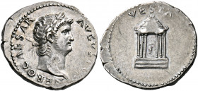 Nero, 54-68. Denarius (Silver, 19 mm, 3.45 g, 6 h), Rome, 65-66. NERO CAESAR AVGVSTVS Laureate head of Nero to right. Rev. VESTA Round, hexastyle temp...