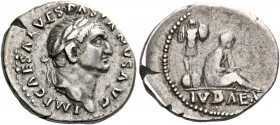 Vespasian, AD 69-79. Denarius (Silver, 20 mm, 3.46 g, 6 h), Rome, 69-70. IMP CAESAR VESPASIANVS AVG Laureate head of Vespasian to right. Rev. IVDAEA J...