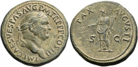 Vespasian, 69-79. Sestertius (Orichalcum, 34 mm, 26.06 g, 5 h), Rome, 71. IMP CAES VESPAS AVG P M TR P P P COS III Laureate head of Vespasian to right...
