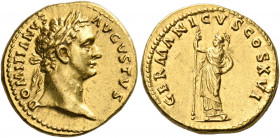 Domitian, 81-96. Aureus (Gold, 19.5 mm, 7.57 g, 6 h), Rome, 92-94. DOMITIANVS AVGVSTVS Laureate head of Domitian to right. Rev. GERMANICVS COS XVI Min...