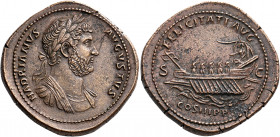 Hadrian, 117-138. Sestertius (Bronze, 33 mm, 27.23 g, 6 h), Rome, circa 129-130. HADRIANVS AVGVSTVS Laureate and cuirassed bust of Hadrian to right. R...