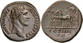 Antoninus Pius, 138-161. Sestertius (Orichalcum, 33.5 mm, 21.11 g, 11 h), Rome, 145-147. ANTONINVS AVG PIVS P P TR P Laureate head of Antoninus Pius t...