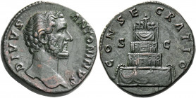 Divus Antoninus Pius, died 161. Sestertius (Orichalcum, 30 mm, 22.86 g, 12 h), struck under Marcus Aurelius and Lucius Verus, Rome, 161, and later. DI...