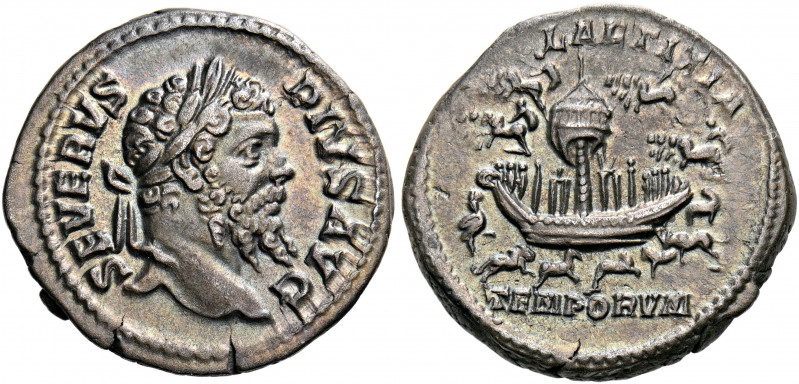 Septimius Severus, 193-211. Denarius (Silver, 19 mm, 3.66 g, 12 h), Rome, 204-20...