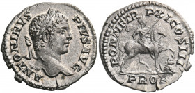 Caracalla, AD 198-217. Denarius (Silver, 19 mm, 2.51 g, 12 h), Rome, 208. ANTONINVS PIVS AVG Laureate head of Caracalla to right. Rev. PONTIF TR P XI ...