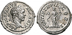 Geta, 209-211. Denarius (Silver, 20 mm, 3.59 g, 12 h), Rome, 211. P SEPT GETA PIVS AVG BRIT Laureate head of Geta to right. Rev. PONTIF TR P II COS II...