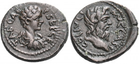 Geta, as Caesar, 198-209. Assarion (Bronzed lead, 20.5 mm, 4.95 g, 7 h). Cassandraea in Macedon. P SEP GETAS CAE Bareheaded, draped and cuirassed bust...