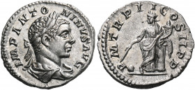 Elagabalus, AD 218-222. Denarius (Silver, 19 mm, 2.94 g, 7 h), Rome, 219. IMP ANTONINVS AVG Laureate and draped bust of Elagabalus to right. Rev. P M ...