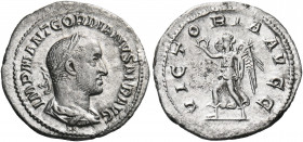 Gordian II, 238. Denarius (Silver, 20 mm, 2.90 g, 6 h), Rome, March-April 238. IMP M ANT GORDIANVS AFR AVG Laureate, draped and cuirassed bust of Gord...