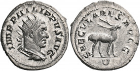 Philip I, AD 244-249. Antoninianus (Silver, 22 mm, 4.00 g, 12 h), commemorating the 1000th anniversary of Rome, Rome, 248. IMP PHILIPPVS AVG Radiate, ...