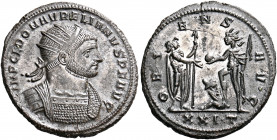 Aurelian, 270-275. Antoninianus (Billon, 24 mm, 4.35 g, 6 h), Serdica, T = 3rd officina, April-November 274. IMP CL DOM AVRELIANVS P F AVG Radiate and...
