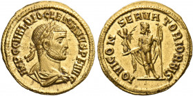 Diocletian, 284-305. Aureus (Gold, 20.5 mm, 4.54 g, 12 h), Cyzicus, 284-286. IMP C C VAL DIOCLETIANVS P F AVG Laureate, draped and cuirassed bust of D...