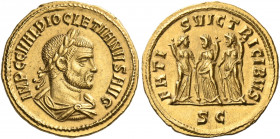 Diocletian, 284-305. Aureus (Gold, 20 mm, 5.33 g, 6 h), Cyzicus, 286-287. IMP C C VAL DIOCLETIANVS AVG Laureate, draped and cuirassed bust of Diocleti...