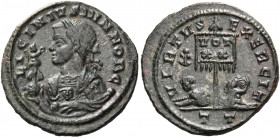 Licinius II, Caesar, 317-324. Follis (Bronze, 19 mm, 2.66 g, 6 h), Ticinum, T = 3rd officina, 319-320. LICINIVS IVN NOB C Laureate, draped and cuirass...