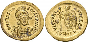 Anastasius I, 491-518. Solidus (Gold, 21 mm, 4.47 g, 7 h), Constantinople, A = 1st officina, 498. D N ANASTA-SIVS P P AVC Helmeted and cuirassed bust ...