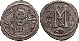 Justinian I, 527-565. Follis (Bronze, 40 mm, 24.17 g, 6 h), Nicomedia, A = 1st officina, year 13 = 539/40. D N IVSTINI-ANVS P P AVC Diademed, helmeted...