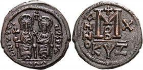 Justin II, with Sophia, 565-578. Follis (Bronze, 30 mm, 12.61 g, 12 h), Cyzicus, B = 2nd officina, year 10 = 574-575. D N IVSTINVS P P A Justin II, on...