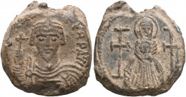 Phocas, 602-610. Seal or Bulla (Lead, 25 mm, 17.23 g, 12 h), with an imperial portrait dating c. 603-607, Constantinople. d N FOCAS PERP AVI Crowned, ...