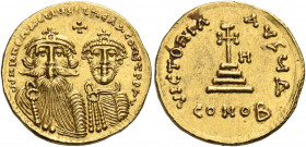 Heraclius, with Heraclius Constantine, 610-641. Solidus (Gold, 20.5 mm, 4.49 g, 6 h), Constantinople, Δ = 4th officina, 629-632. dd NN hERACLIЧS ET hE...