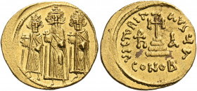 Heraclius, with Heraclius Constantine and Heraclonas, 610-641. Solidus (Gold, 21 mm, 4.50 g, 6 h), Constantinople, A = 1st officina, indiction year IA...