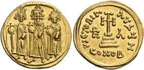 Heraclius, with Heraclius Constantine and Heraclonas, 610-641. Solidus (Gold, 19 mm, 4.46 g, 7 h), Constantinople, H = 8th officina, indiction year IA...