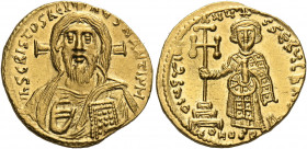 Justinian II, first reign, 685-695. Solidus (Gold, 20.5 mm, 4.45 g, 7 h), Constantinople, Δ = 4th officina, 692-695. IhS CRISTOS REX REGNANTIVM Draped...