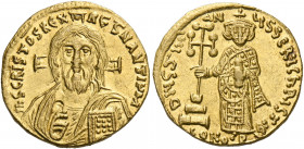Justinian II, first reign, 685-695. Solidus (Gold, 19.5 mm, 4.48 g, 7 h), Constantinople, S = 6th officina, 692-695. IhS CRISTOS REX REGNANTIVM Draped...