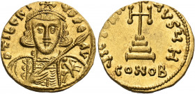 Tiberius III (Apsimar), 698-705. Solidus (Gold, 4.48 mm, 4.48 g, 7 h), Constantinople, H = 8th officina. d TIbЄRI-GS PЄ AV Crowned and cuirassed bust ...