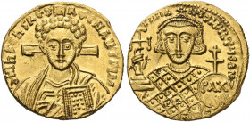 Justinian II, second reign, 705-711. Solidus (Gold, 20 mm, 4.35 g, 6 h), Constantinople, 705. d N IhS ChS RE-X REGNANTIUM Large draped bust of Christ ...