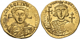 Justinian II, second reign, 705-711. Solidus (Gold, 21 mm, 4.46 g, 6 h), Constantinople, 705. d N IhS ChS RE-X REGNANTIUM Large draped bust of Christ ...
