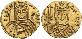 Irene, 797-802. Solidus (Gold, 19 mm, 3.75 g, 7 h), Syracuse, circa 797/8. IRIEN AΓOVST Bust of Irene facing, wearing chlamys and crown with pendilia ...