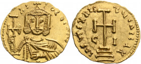 Nicephorus I, 802-811. Solidus (Gold, 20 mm, 3.86 g, 12 h), uncertain Sicilian mint, probably Syracuse, 802-803. hI-FOROS bAS Bearded and facing bust ...