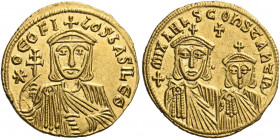 Theophilus, with Constantine and Michael II, 829-842. Solidus (Gold, 21 mm, 4.35 g, 6 h), Constantinople, 831-842. ?ΘEOFI-LOS bASILE Θ Crowned facing ...