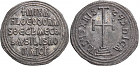 Michael III "the Drunkard", with Theodora and Thecla, 842-867. Miliaresion (Silver, 23 mm, 2.13 g, 12 h), Constantinople, 842-856. MIXA/HL ΘЄOδORA / S...