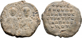 Pherses Tzotzikios anythypatos, patrikios and strategos of Cappadocia, Circa 11th century. Seal or Bulla (Lead, 32 mm, 25.77 g, 11 h), circa 1016, a. ...