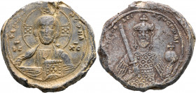 Isaac I Comnenus, 1057-1059. Seal or Bulla (Lead, 35 mm, 40.36 g, 12 h). +EMMA-NOYHΛ / IC - XC Draped bust of Christ Panto­krator facing, wearing cros...