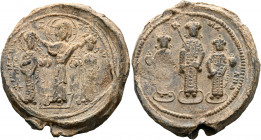 Romanus IV Diogenes, with Eudocia, Michael VII, Constantius, and Andronicus, 1068-1071. Seal or Bulla (Lead, 34 mm, 30.66 g, 12 h). PΩMAN S EYΔK B PM ...