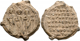 Gabriel, Protokouropalates, Ameras and Dux (of Melitene), 1050-1103. Seal or Bulla (Lead, 30.5 mm, 17.12 g, 11 h), circa 1086-1103. Three nimbate male...