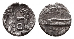 Judaea. SAMARIA. Circa 375-333 BCE. AR Obol . Imitating the coins of Sidon. Galley to left; meaningless numbers above / Persian king slaying a lion; A...