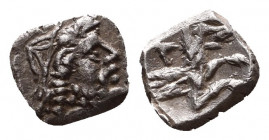 Greek Obol, Ca. 350-300 BC. AR
Lycaonia, Laranda. AR Obol, c. 324/3 BC.
Obv. Head of Herakles to right.
Rev. Forepart of a wolf right; Λ above.
SN...