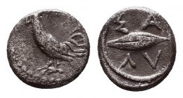 Greek Obol, Ca. 350-300 BC. AR
Thrace, Selymbria AR Oktobol. Circa 425-410 BC. Cockerel standing to left / Ear of barley; ΣA-ΛY around.
Condition: V...