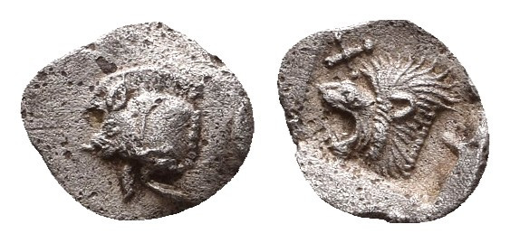 Mysia. Kyzikos circa 480 BC. Tetartemorion AR 6mm., 0,2g. Forepart of boar left ...