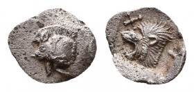 Mysia. Kyzikos circa 480 BC. Tetartemorion AR 6mm., 0,2g. Forepart of boar left with tall mane and dotted truncation; to right, tunny upward / Head of...