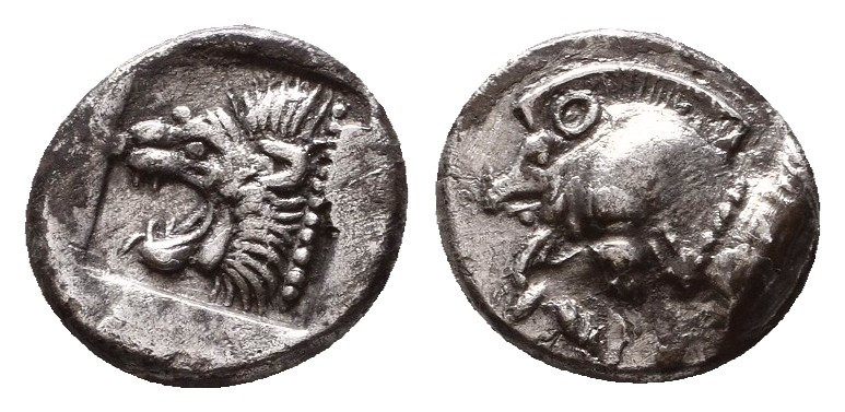 Mysia. Kyzikos 480 BC. Obol AR . Forepart of boar left, tunny upward to right / ...