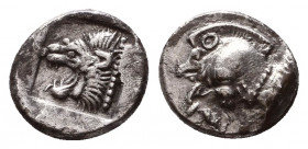 Mysia. Kyzikos 480 BC. Obol AR . Forepart of boar left, tunny upward to right / Head of roaring lion left, retrograde K to upper left, all within incu...