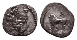 CILICIA. Myriandros. Mazaios (Satrap of Cilicia, 361/0-334 BC). Obol.
Obv: Crowned and bearded figure (king of Persia?) seated right on throne, holdi...