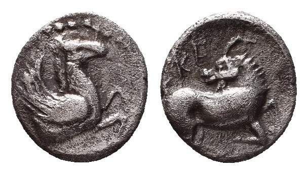 Cilicia. Kelenderis 410-375 BC.Obol AR

Forepart of Pegasos right / Goat kneel...