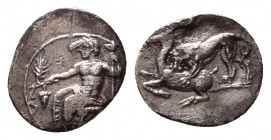 CILICIA. Tarsos. Mazaios (Satrap of Cilicia, 361/0-334 BC). Obol.
Obv: Baaltars seated left, holding lotus-tipped sceptre, grain ear and grape bunch....