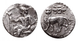 CILICIA, Tarsos. Mazaios. Satrap of Cilicia, 361/0-334 BC. AR Obol. Baaltars seated left, his torso facing, holding lotus-tipped scepter in extended r...